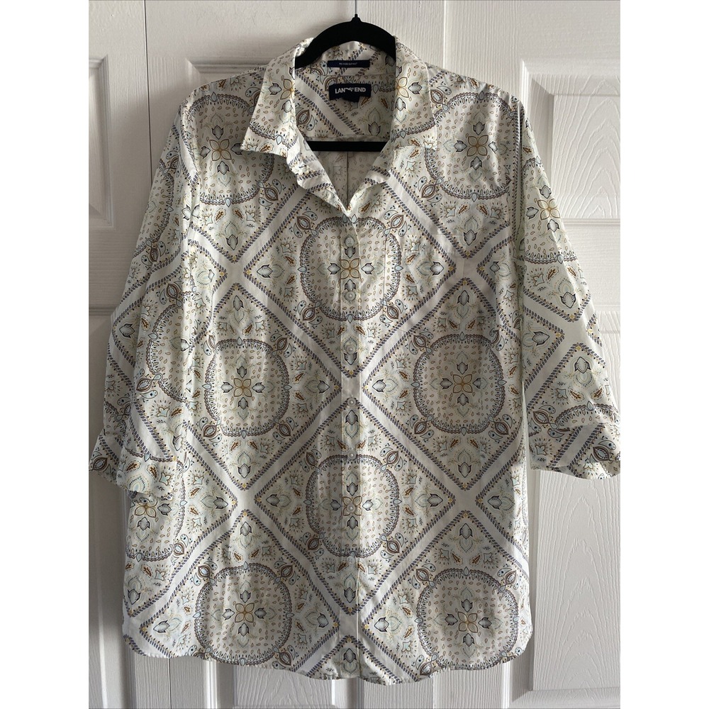 Lands End No Iron Supima Cotton Shirt Womens Size 18W White Paisley Button Up